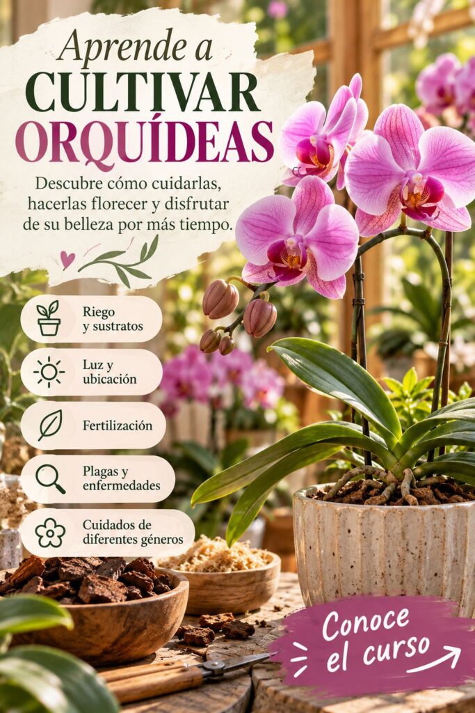 Curso de cultivo de orquídeas con consejos sobre riego, luz, fertilización, plagas y cuidados